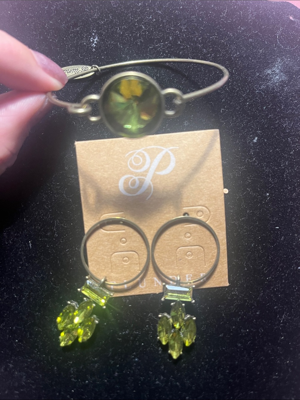Plunder Olive Green Crystal Bangle and Hoop Drop Earrings